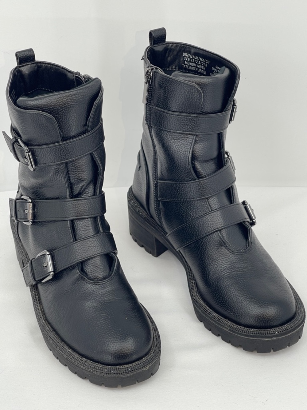 KENNETH COLE REACTION TATE BIKER JEWELL 5M Black Women  Buckle Strap Combat BOOT